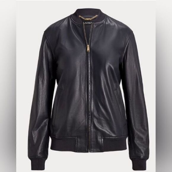 NWT LAUREN RALPH LAUREN Dark Navy Stretch Leather Bomber Jacket - Size Large - Picture 1 of 10